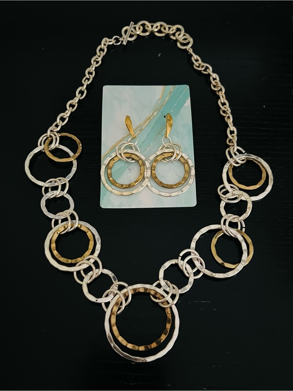 Two-Tone Hammered Circle Necklace & Earring Set - Gold & Silver